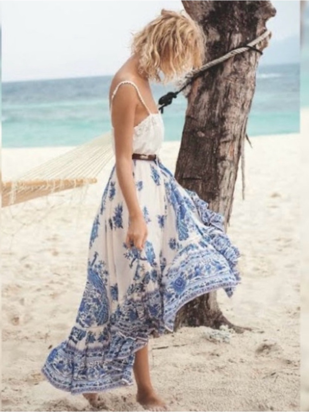 Vintage Spell Hotel Paradisio Castaway Blue Floral Maxi Summer Flowing Skirt NWT